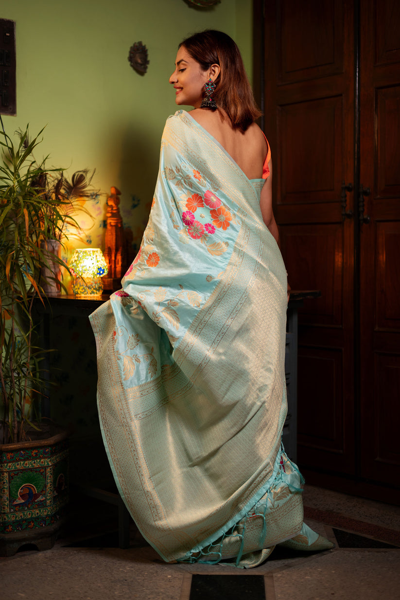 Gratifying Sky Soft Banarasi Silk Saree With Tempting Blouse Piece