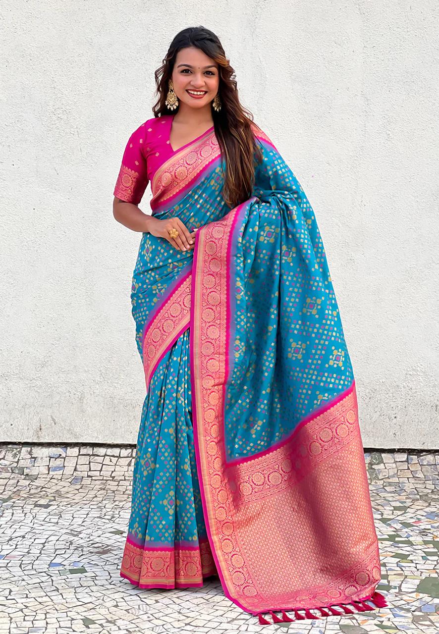 Epiphany Firozi Soft Silk Saree With Imaginative Blouse Piece
