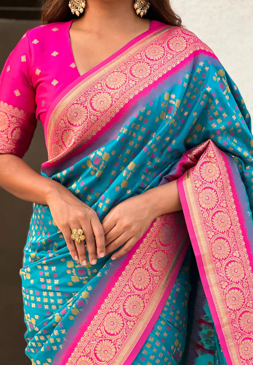Epiphany Firozi Soft Silk Saree With Imaginative Blouse Piece