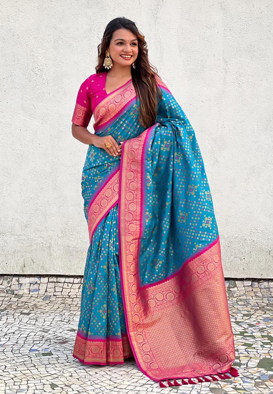 Epiphany Firozi Soft Silk Saree With Imaginative Blouse Piece