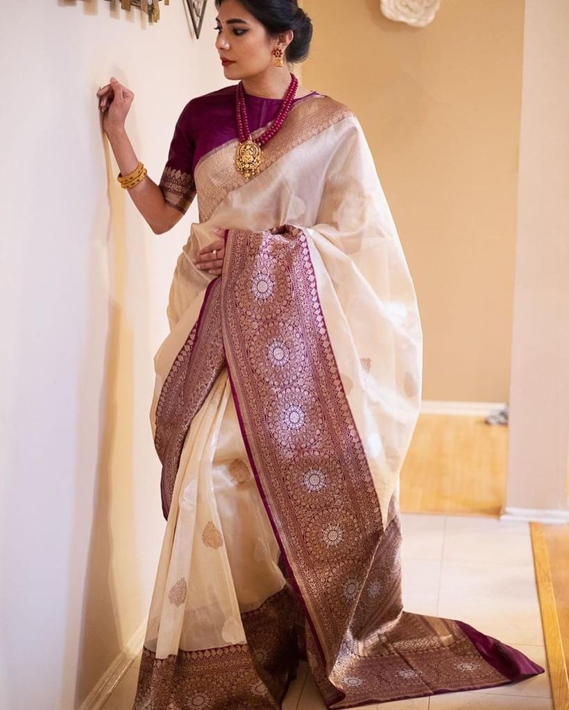 Mesmerising Beige Soft Banarasi Silk Saree With Stunner Blouse Piece
