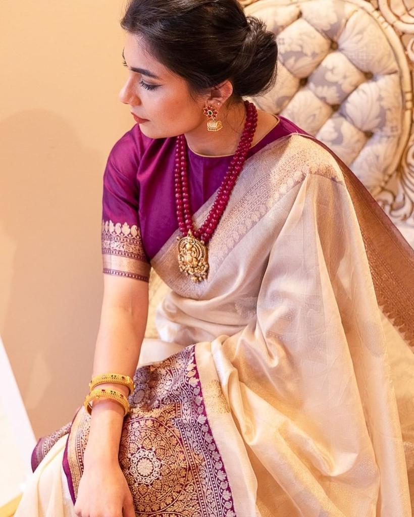 Mesmerising Beige Soft Banarasi Silk Saree With Stunner Blouse Piece