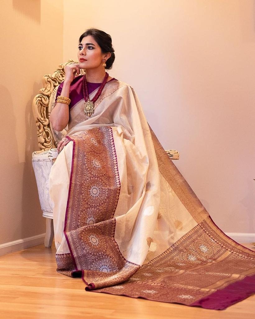 Mesmerising Beige Soft Banarasi Silk Saree With Stunner Blouse Piece