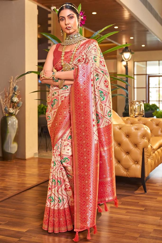 Wonderful Beige Patola Silk Saree with Admirable Blouse Piece