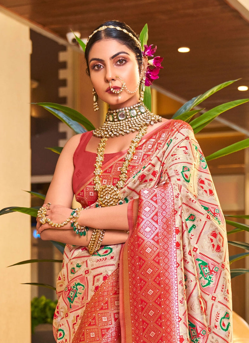 Wonderful Beige Patola Silk Saree with Admirable Blouse Piece