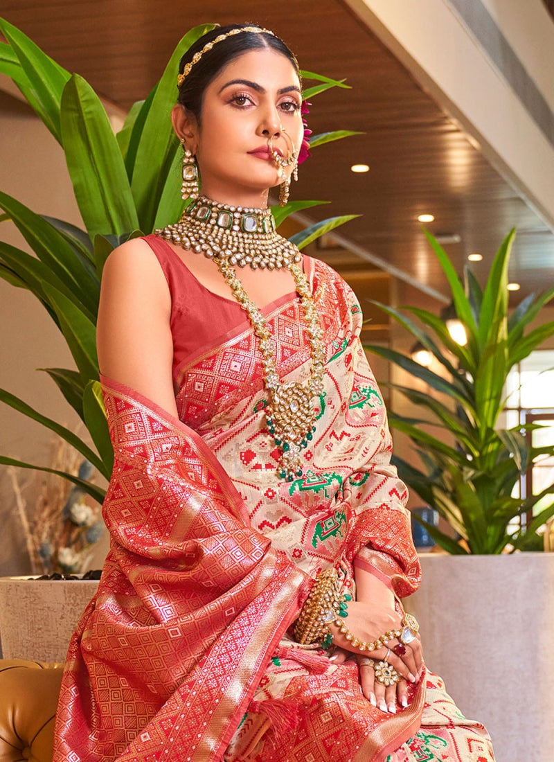 Wonderful Beige Patola Silk Saree with Admirable Blouse Piece