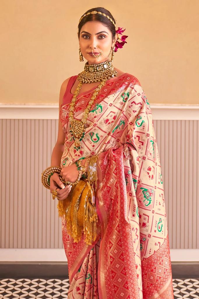 Wonderful Beige Patola Silk Saree with Admirable Blouse Piece