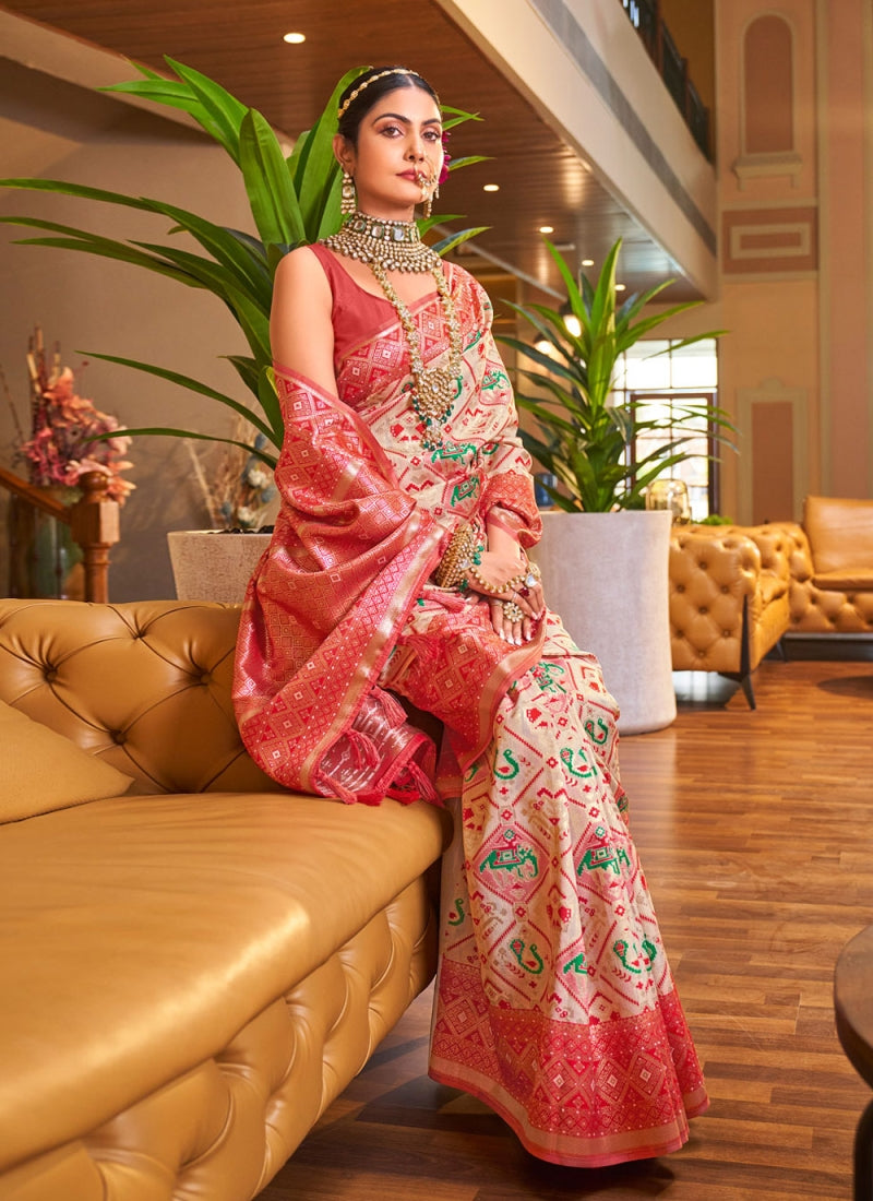 Wonderful Beige Patola Silk Saree with Admirable Blouse Piece