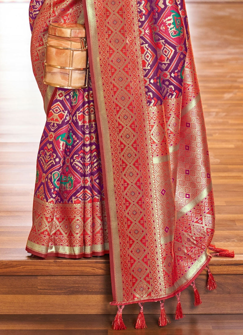 Flaunt Purple Patola Silk Saree with Incomparable Blouse Piece