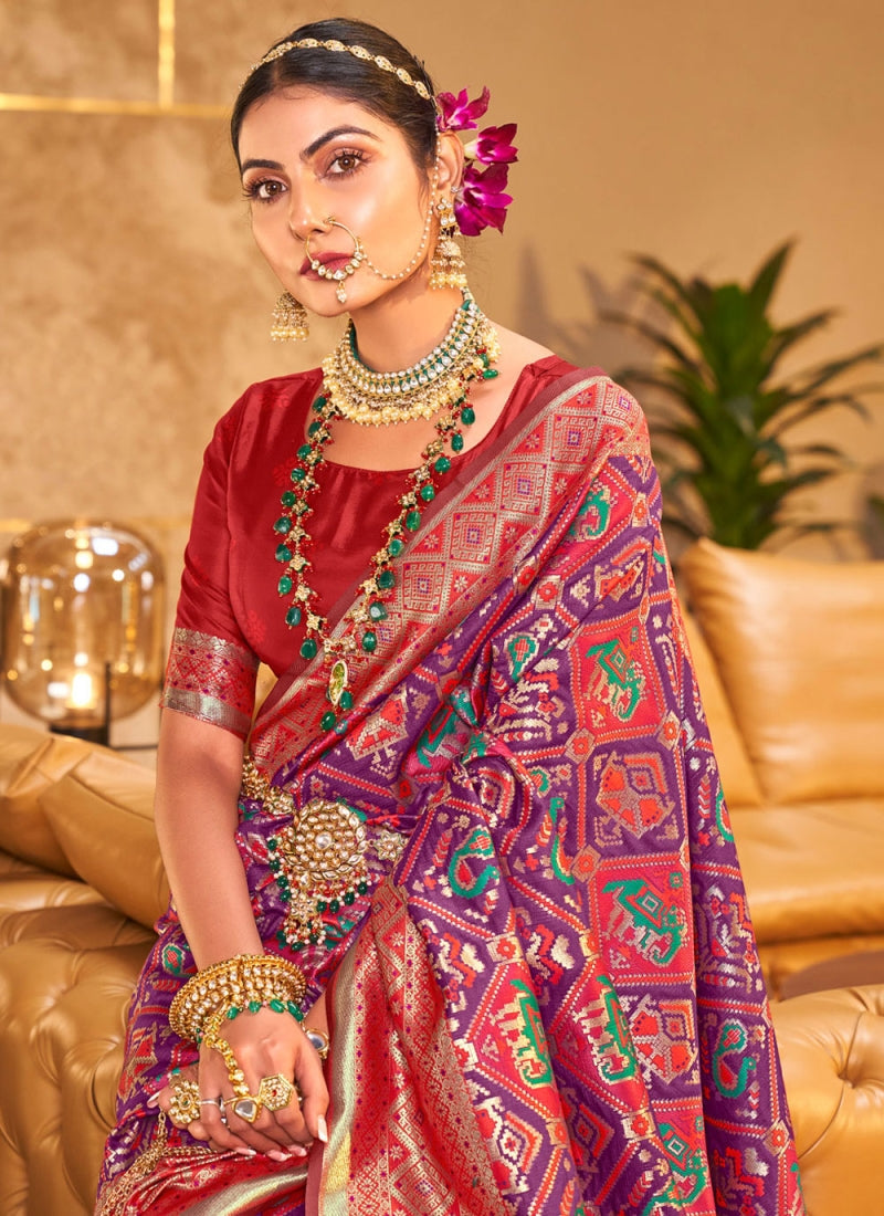 Flaunt Purple Patola Silk Saree with Incomparable Blouse Piece