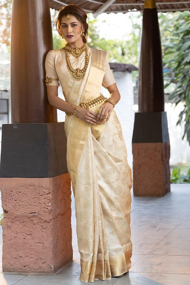Angelic Beige Soft Banarasi Silk Saree With Tempting Blouse Piece