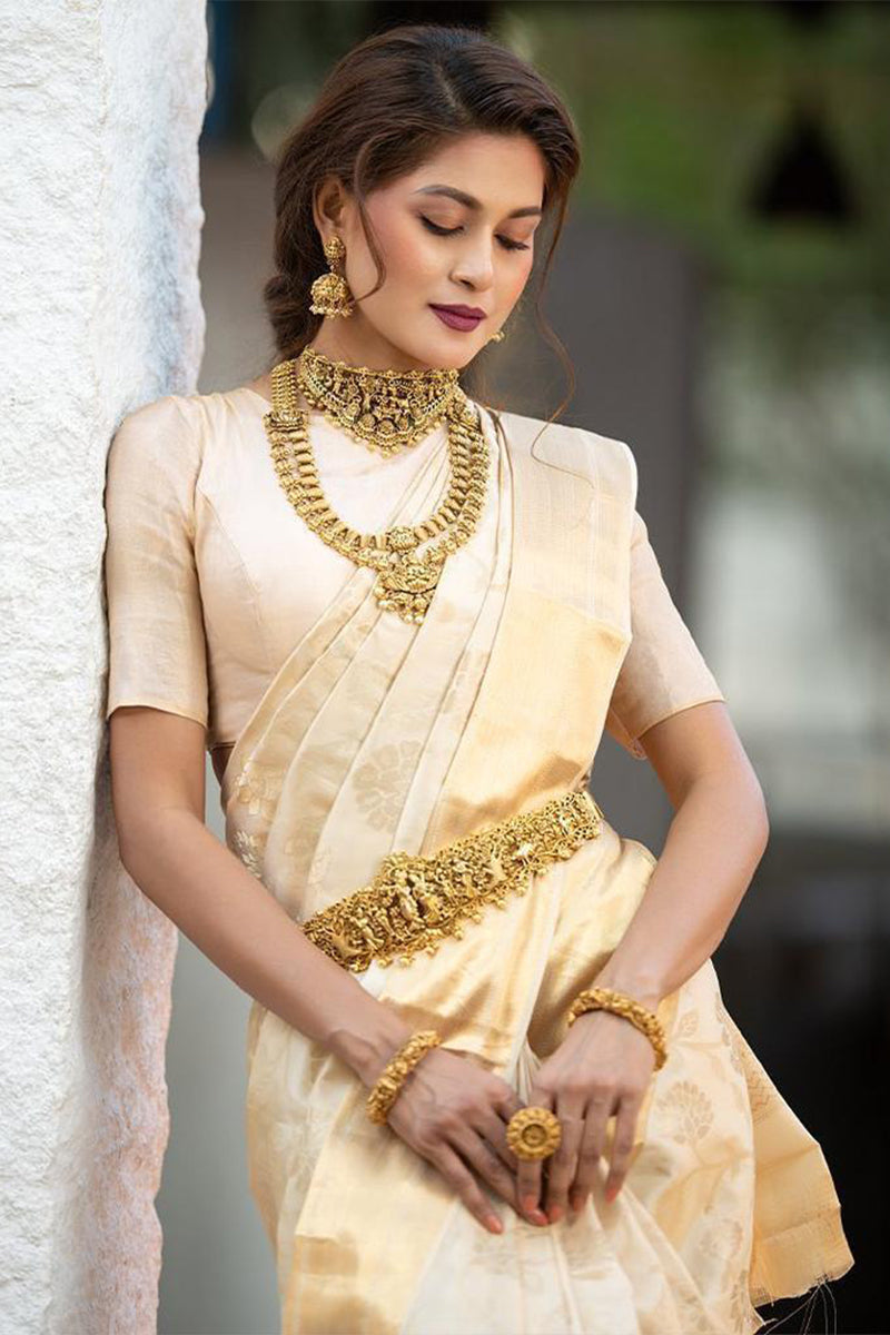 Angelic Beige Soft Banarasi Silk Saree With Tempting Blouse Piece