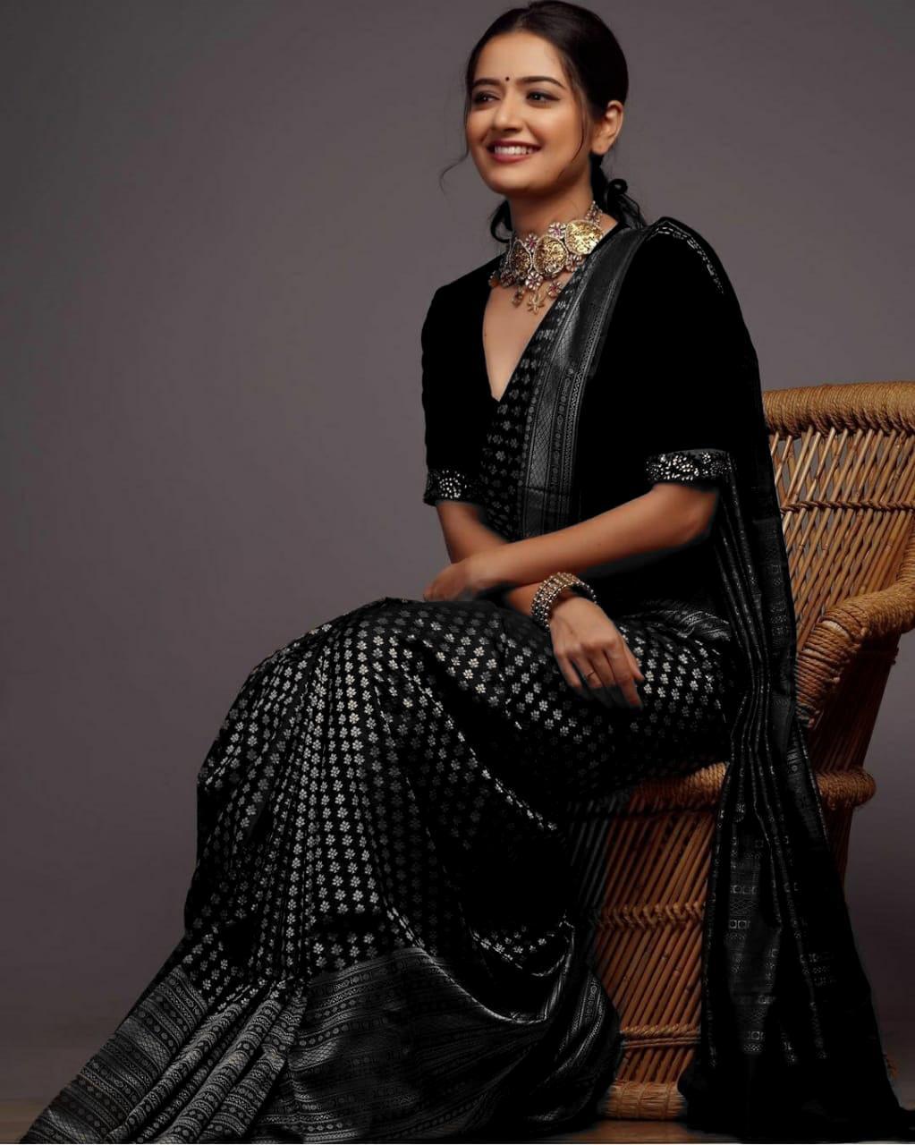 Ethereal Black Soft Silk Saree With Petrichor Blouse Piece