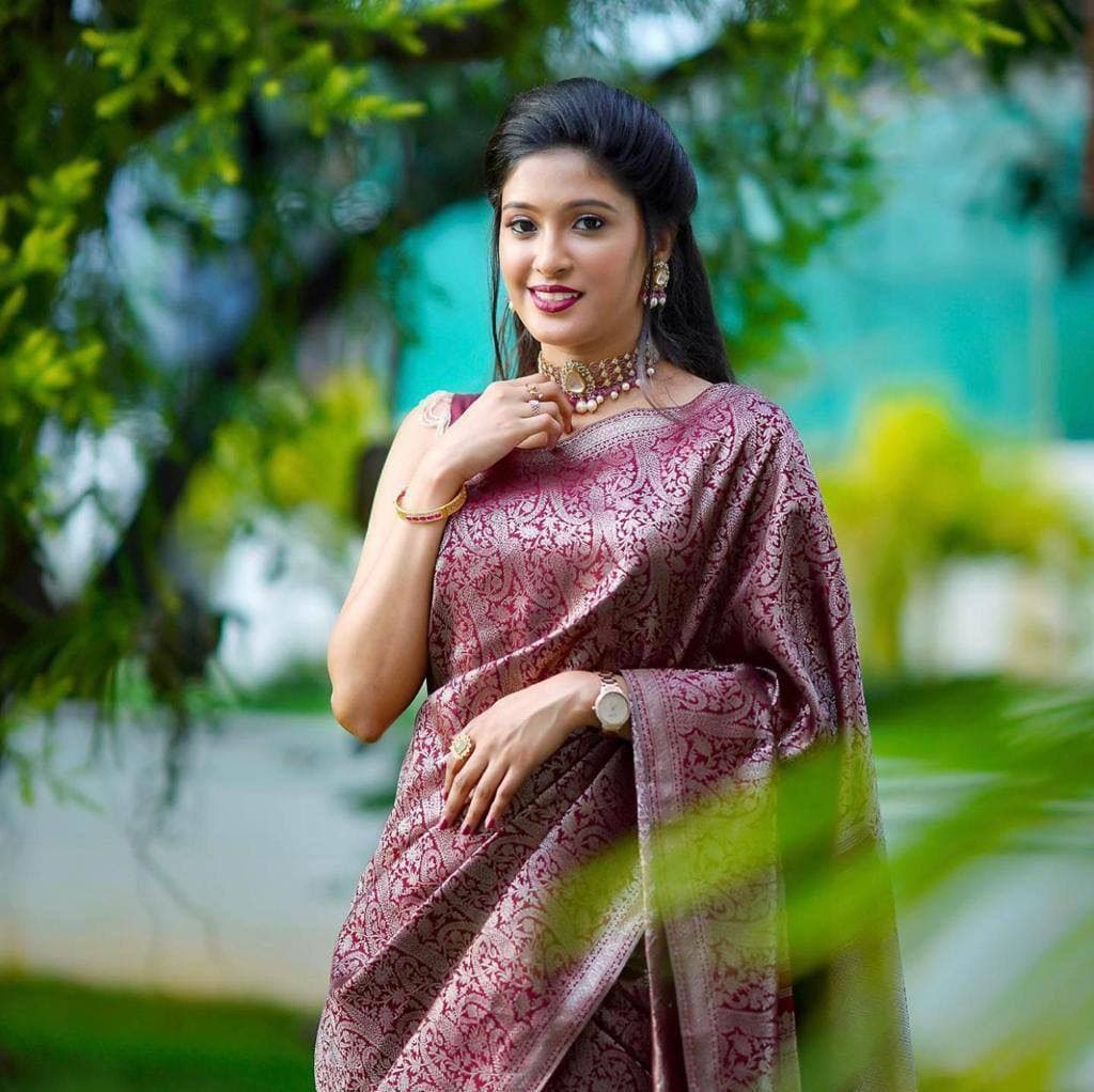 Ephemeral Dark Maroon Soft Banarasi Silk Saree With Stylish Blouse Piece