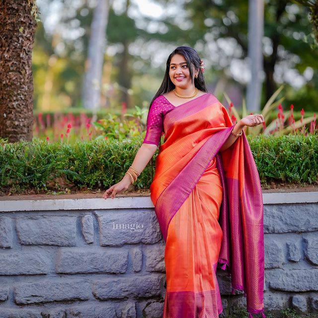 Murmurous Orange Soft Kanjivaram Silk Saree With Beautiful Blouse Piece