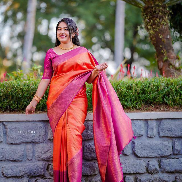 Murmurous Orange Soft Kanjivaram Silk Saree With Beautiful Blouse Piece