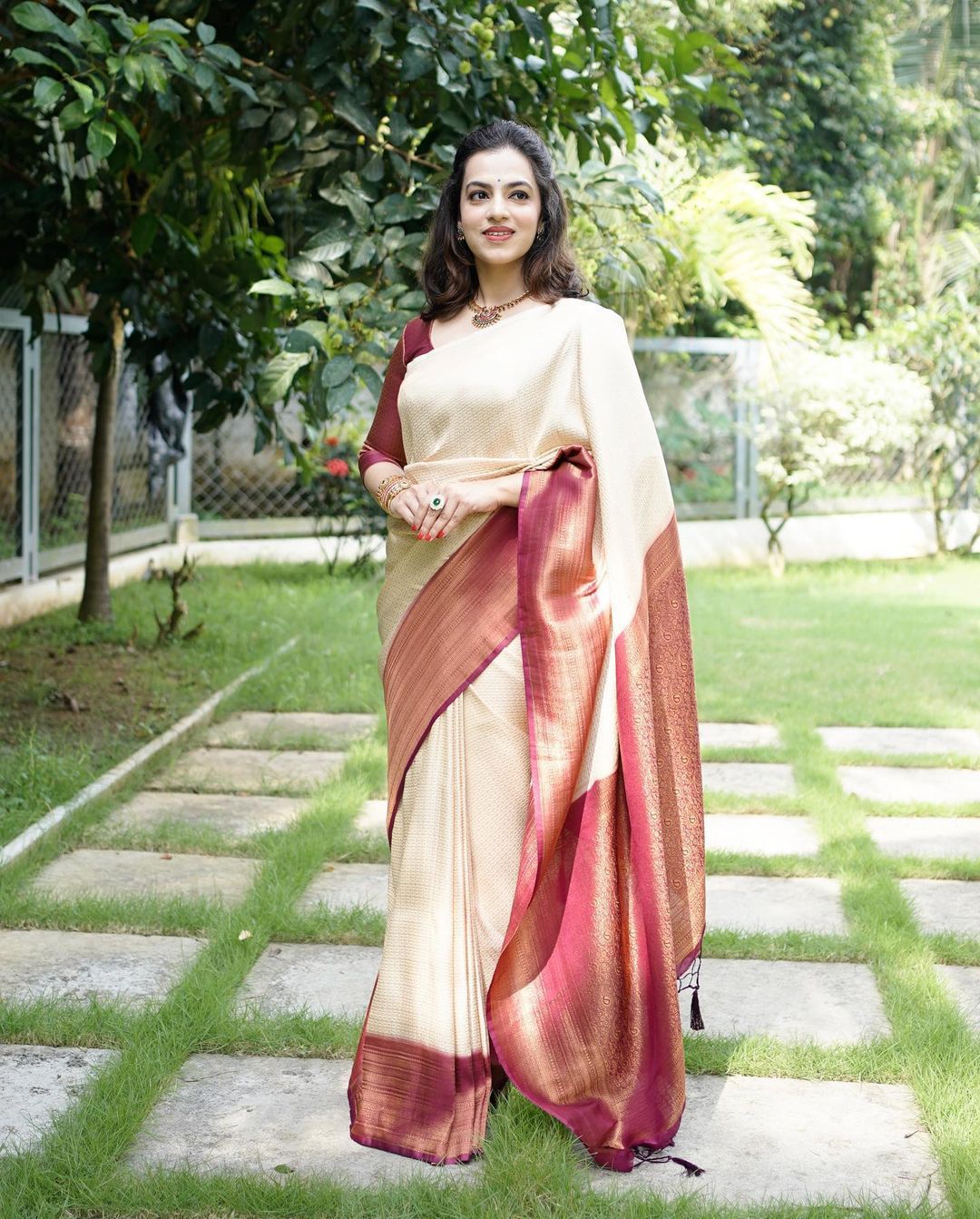 Panache Beige Soft Banarasi Silk Saree With Nemesis Blouse Piece