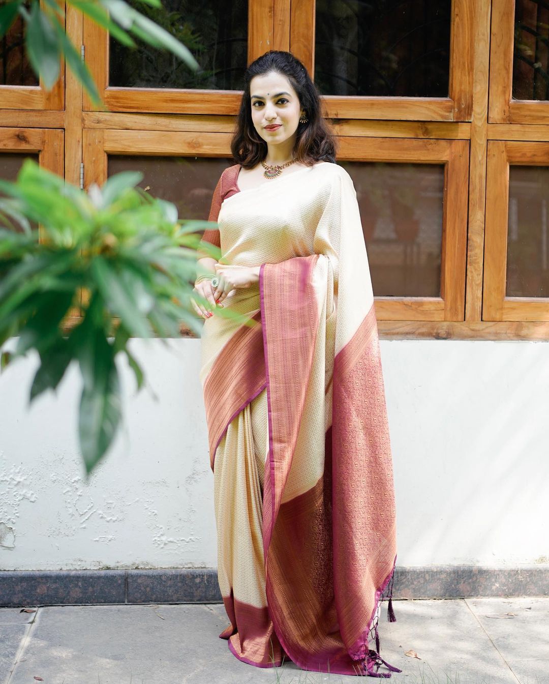 Panache Beige Soft Banarasi Silk Saree With Nemesis Blouse Piece