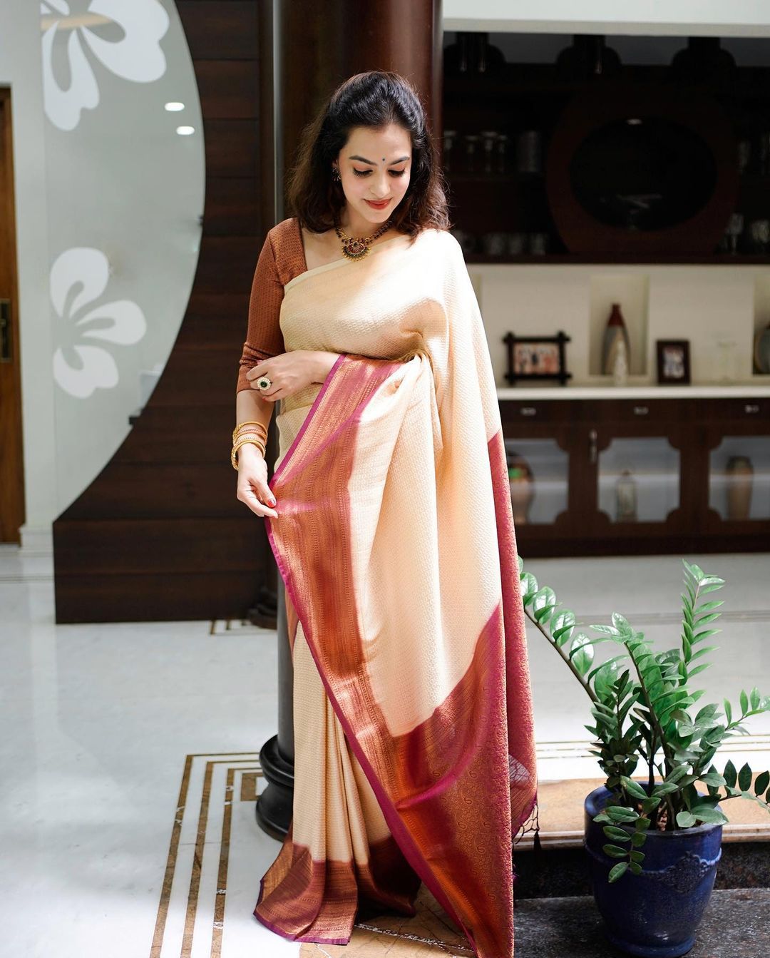 Panache Beige Soft Banarasi Silk Saree With Nemesis Blouse Piece