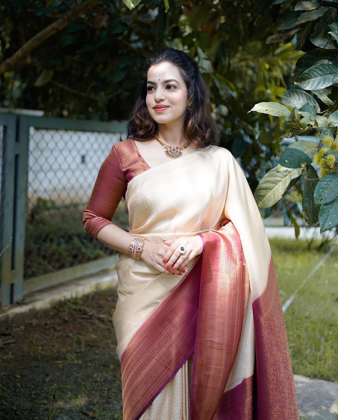 Panache Beige Soft Banarasi Silk Saree With Nemesis Blouse Piece