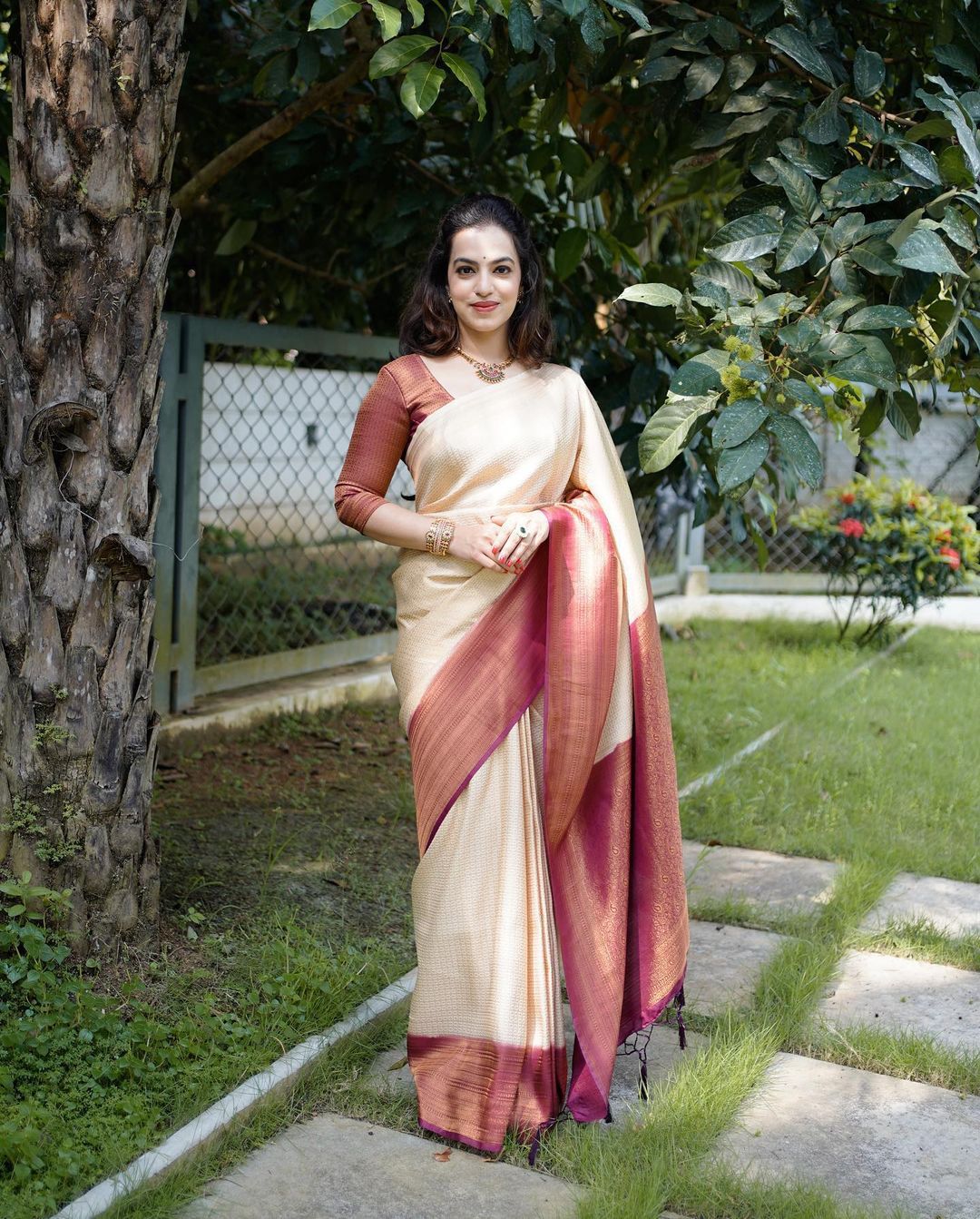 Panache Beige Soft Banarasi Silk Saree With Nemesis Blouse Piece