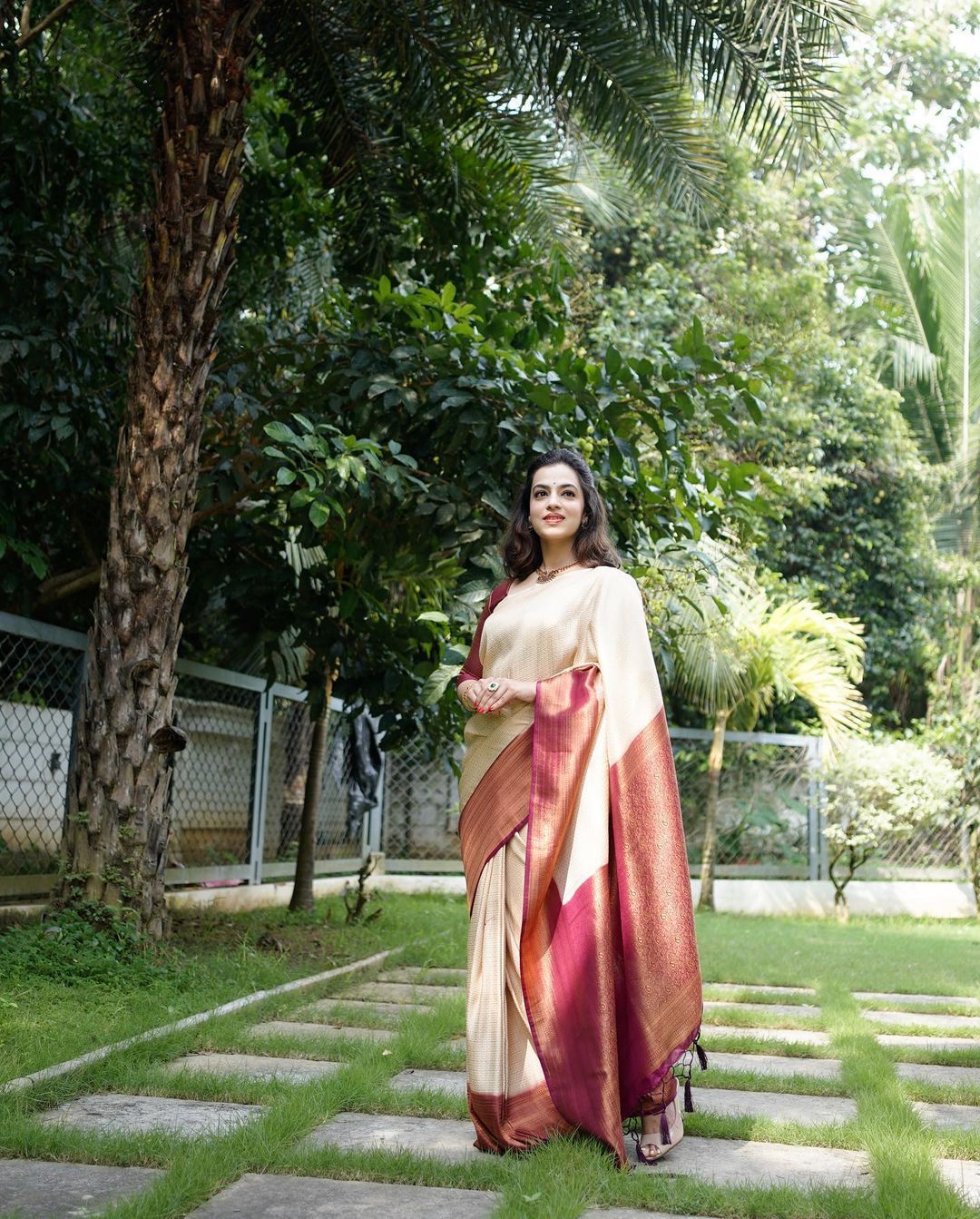 Panache Beige Soft Banarasi Silk Saree With Nemesis Blouse Piece