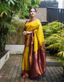 Ornate Golden Soft Kanjivaram Silk Saree With Moiety Blouse Piece