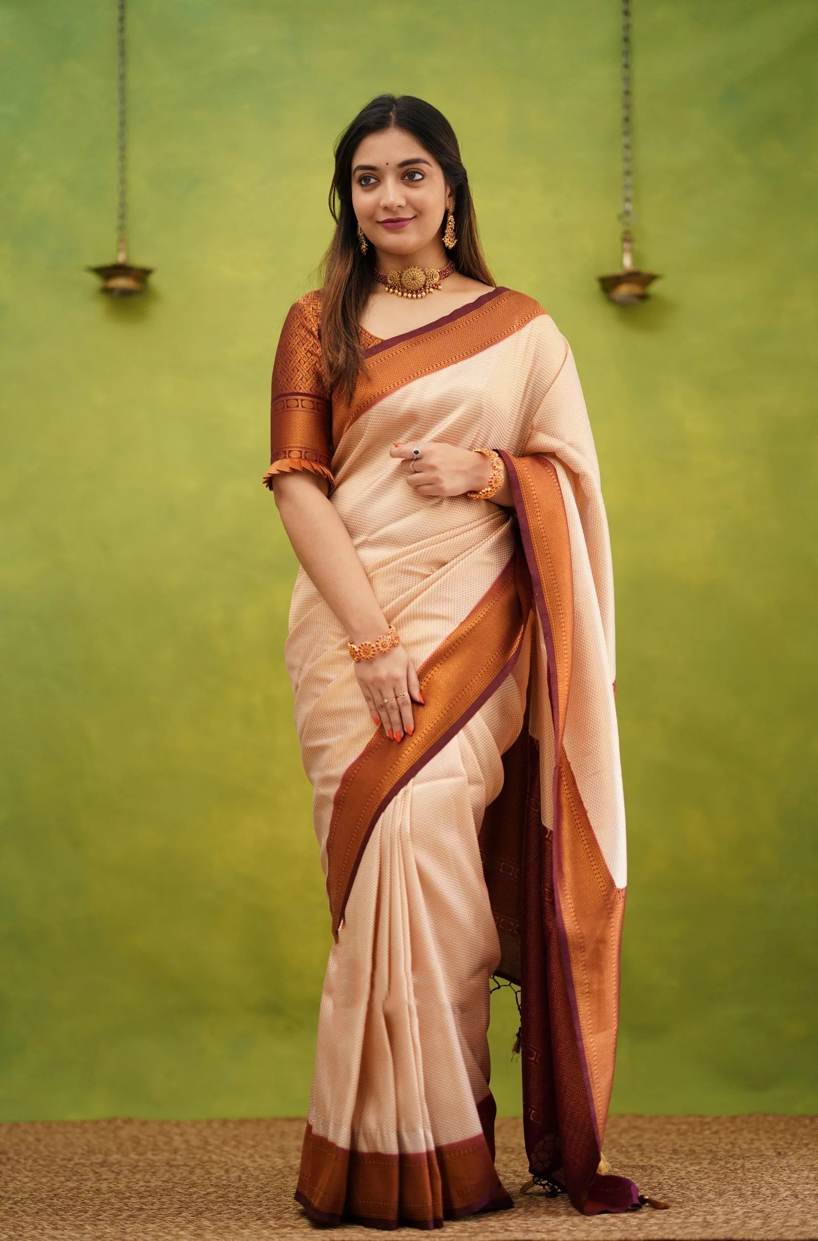 Magnificat Beige Soft Banarasi Silk Saree With Eloquence Blouse Piece