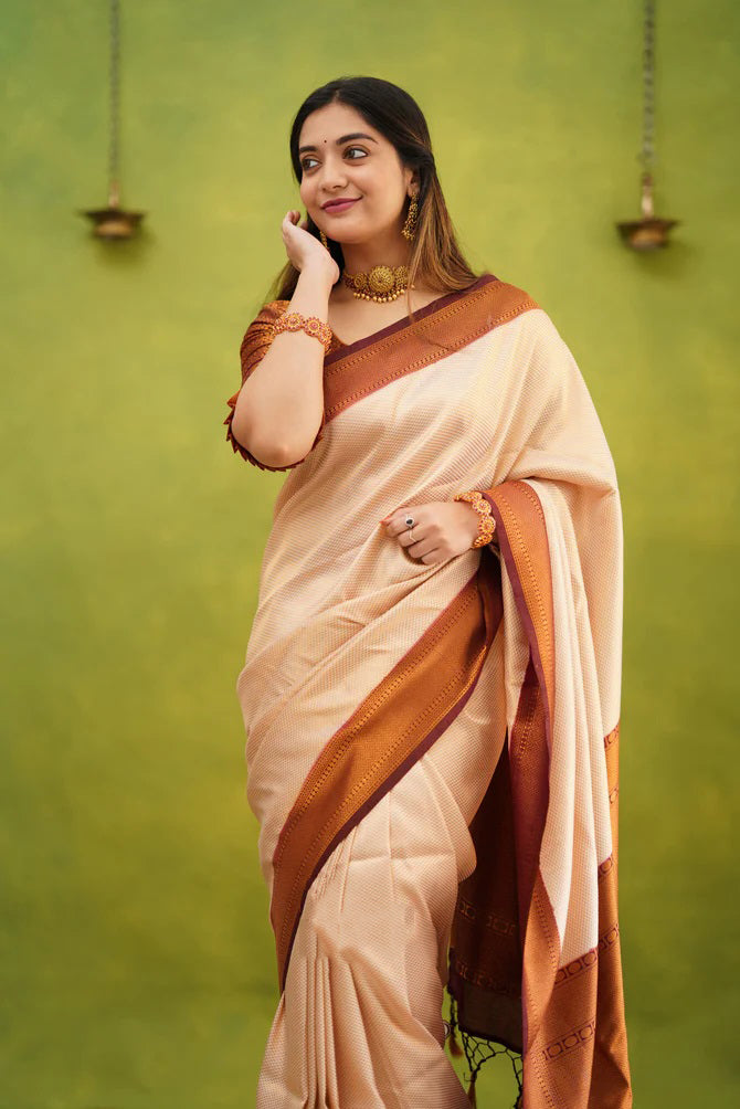 Magnificat Beige Soft Banarasi Silk Saree With Eloquence Blouse Piece