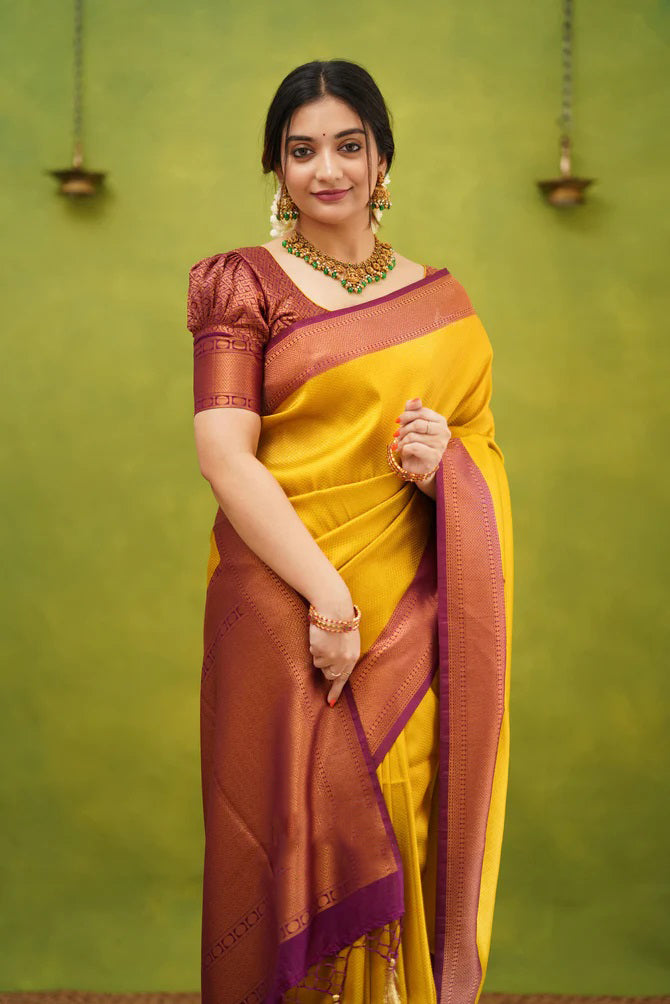 Improbable Golden Soft Kanjivaram Silk Saree With Desuetude Blouse Piece