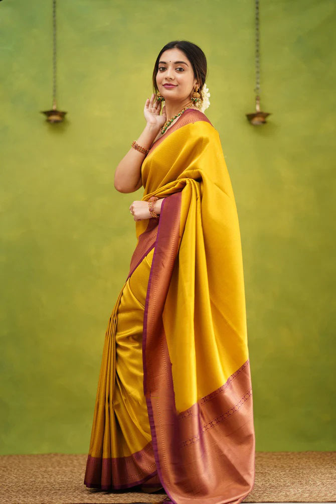 Improbable Golden Soft Kanjivaram Silk Saree With Desuetude Blouse Piece