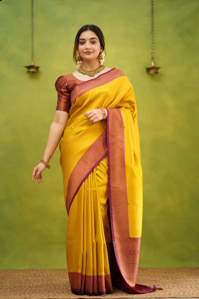 Improbable Golden Soft Kanjivaram Silk Saree With Desuetude Blouse Piece