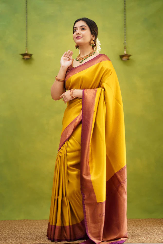 Improbable Golden Soft Kanjivaram Silk Saree With Desuetude Blouse Piece