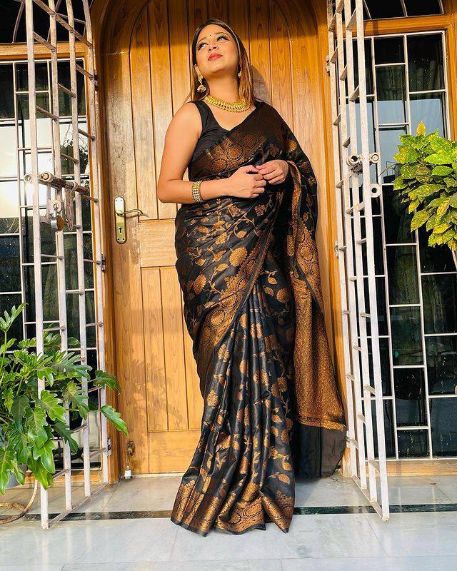 Evocative Black Soft Banarsi Silk Saree With Designer Blouse Piece