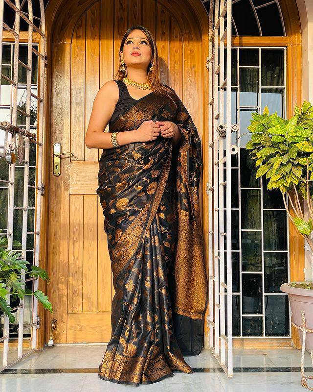 Evocative Black Soft Banarsi Silk Saree With Designer Blouse Piece