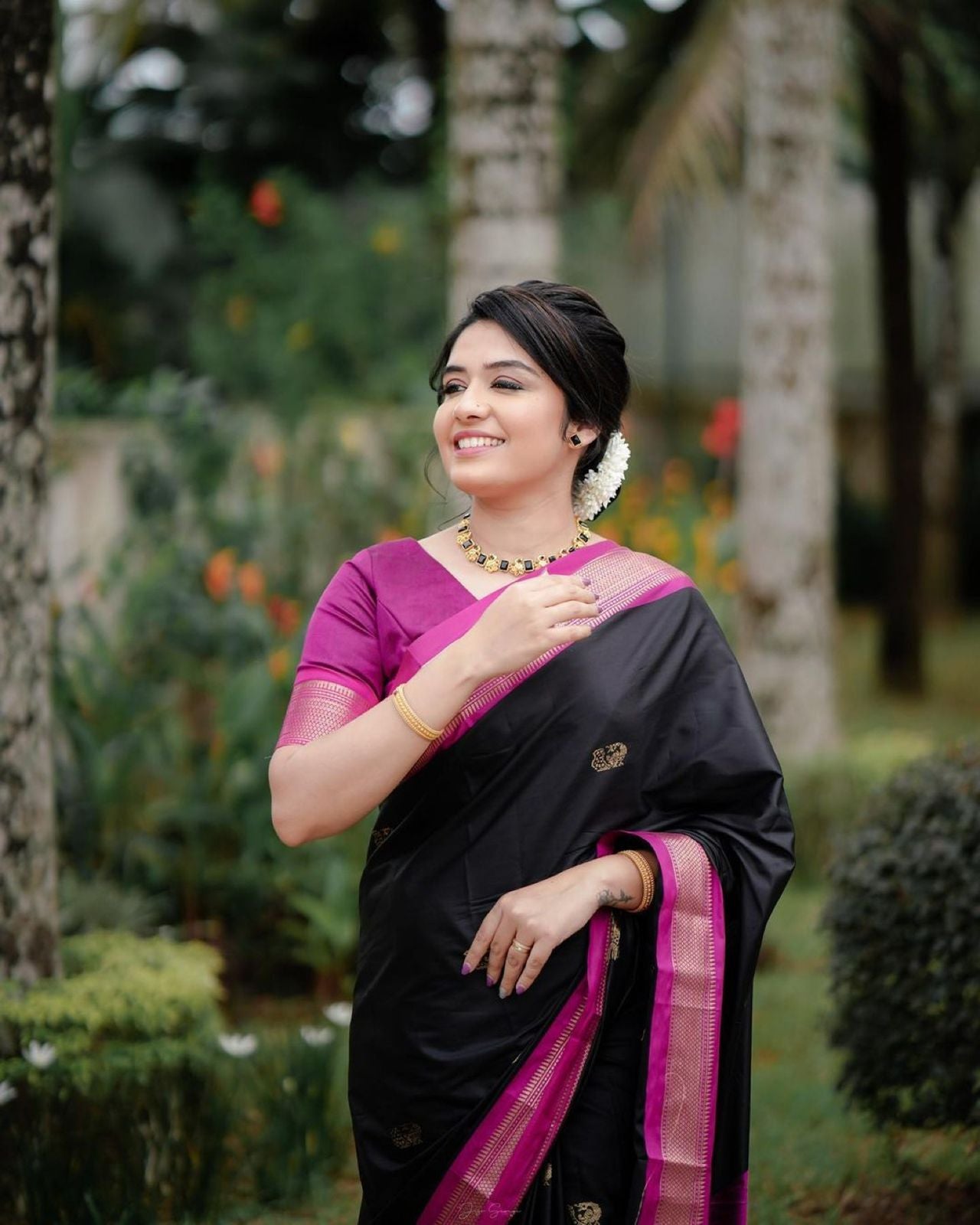 Embellished Black Soft Banarasi Silk Saree With Girlish Blouse Piece