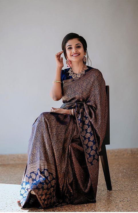 Ethereal Navy Blue Soft Silk Saree With Hypnotic Blouse Piece