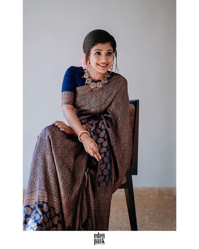 Ethereal Navy Blue Soft Silk Saree With Hypnotic Blouse Piece