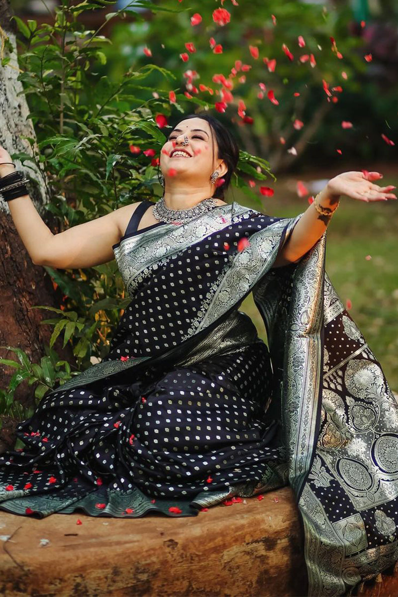 Pulsating Black Soft Silk Saree With Exceptional Blouse Piece