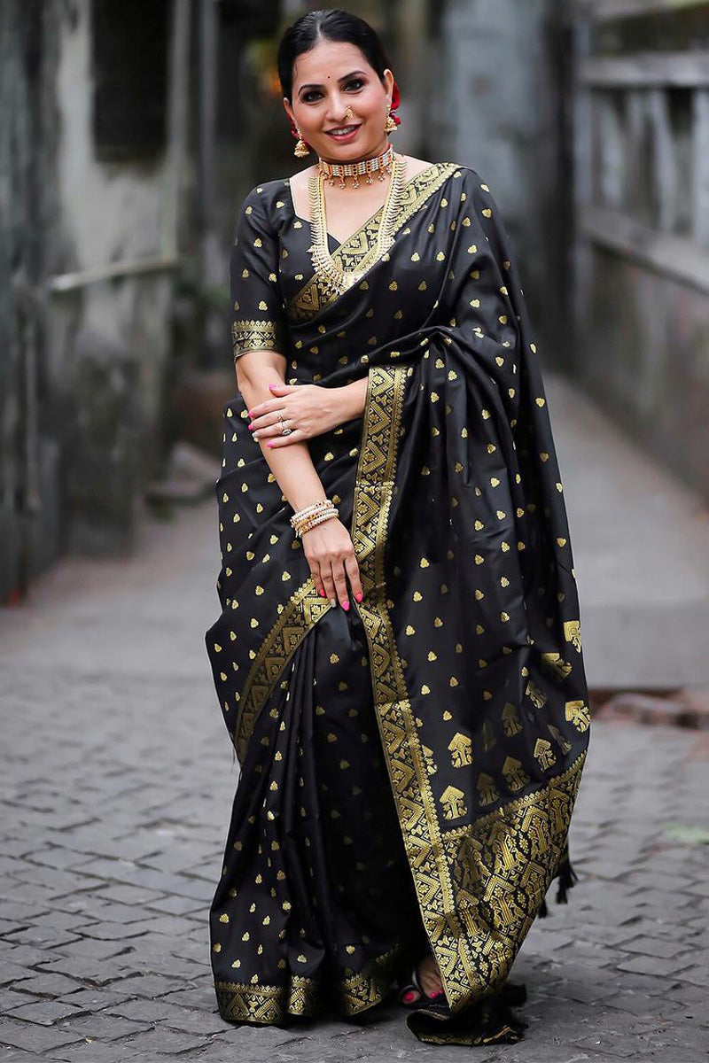 Allure Black Soft Silk Saree With Demure Blouse Piece