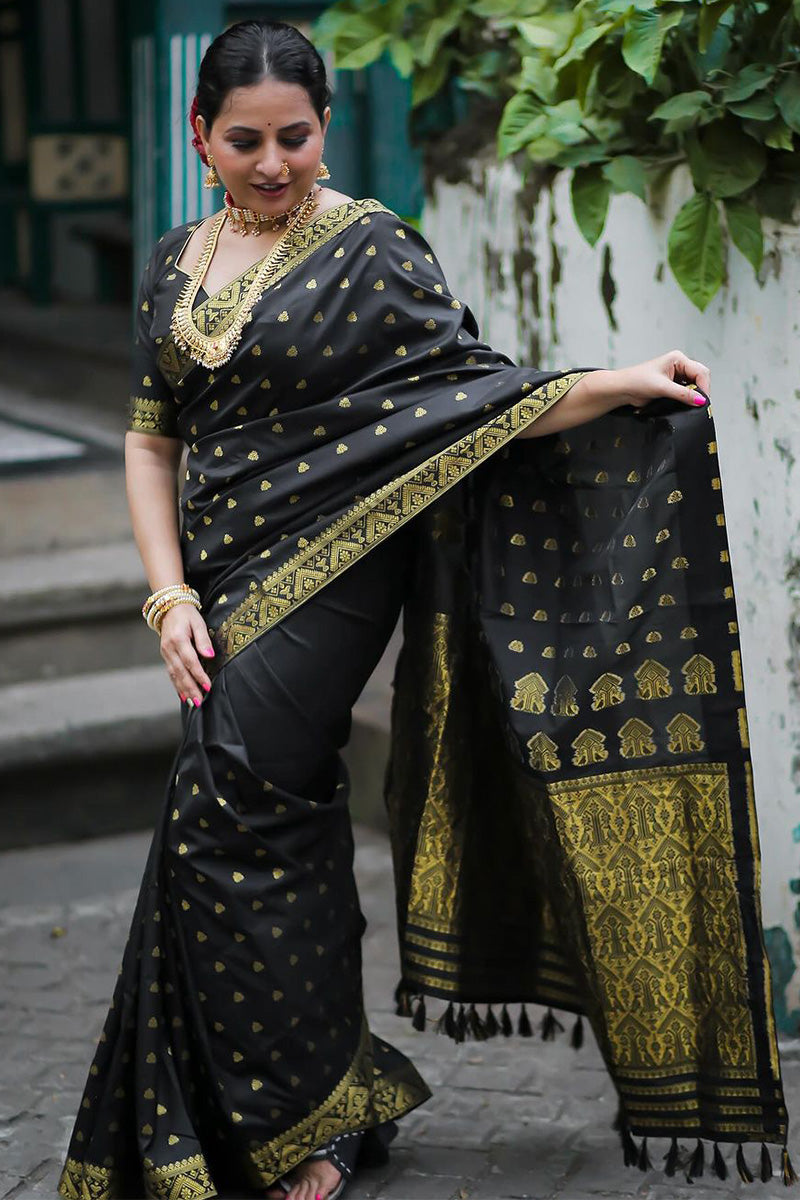 Allure Black Soft Silk Saree With Demure Blouse Piece