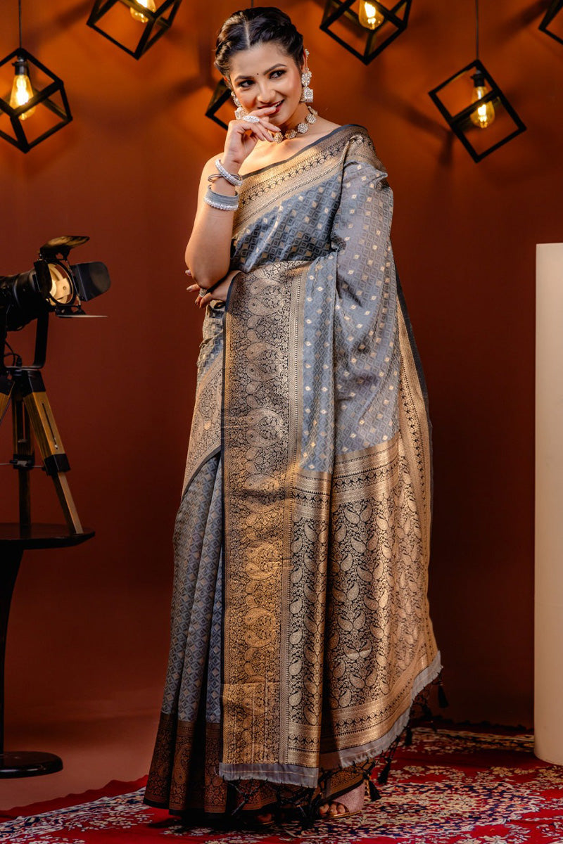 Panache Grey Soft Silk Saree With Marvellous Blouse Piece