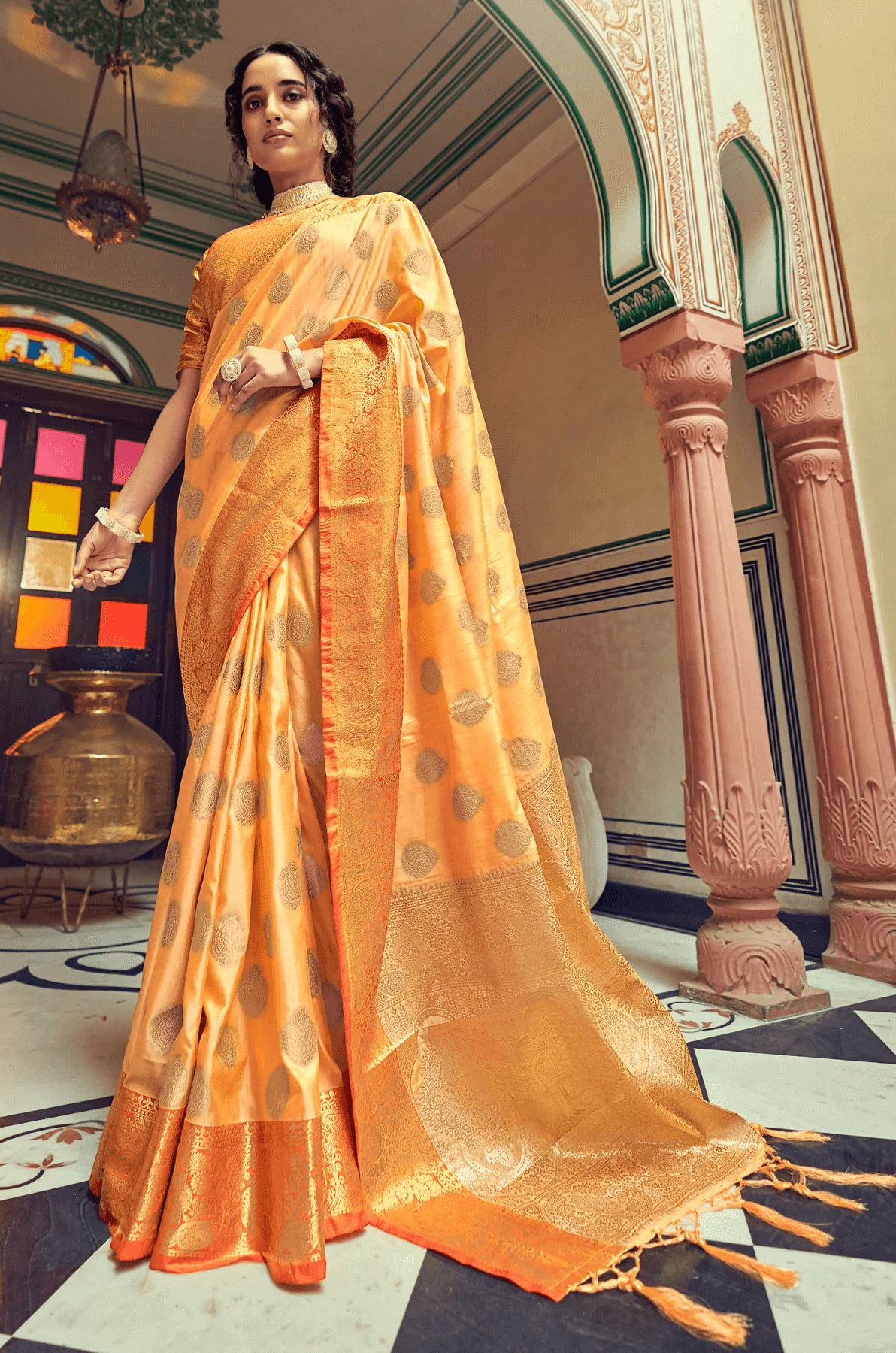 Innovative Orange Soft Banarasi Silk Saree With Phenomenal Blouse Piece
