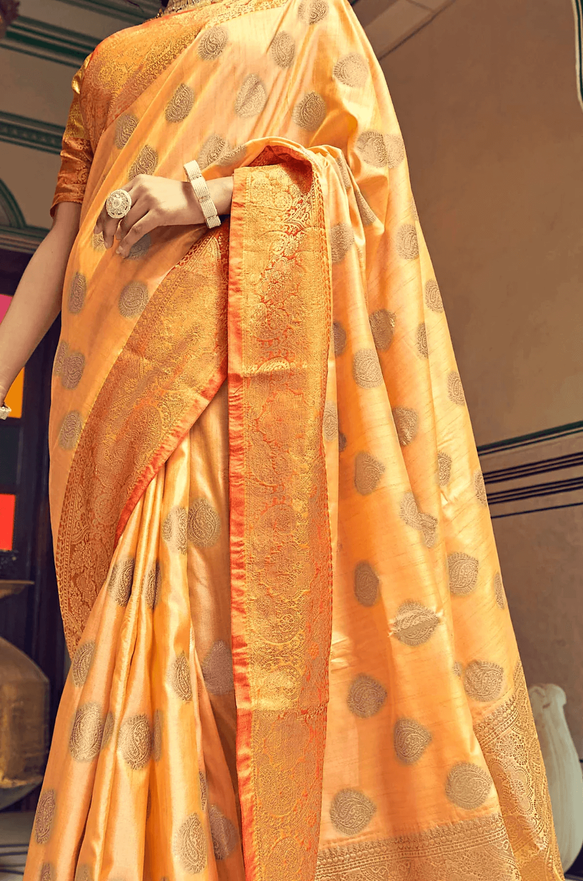 Innovative Orange Soft Banarasi Silk Saree With Phenomenal Blouse Piece
