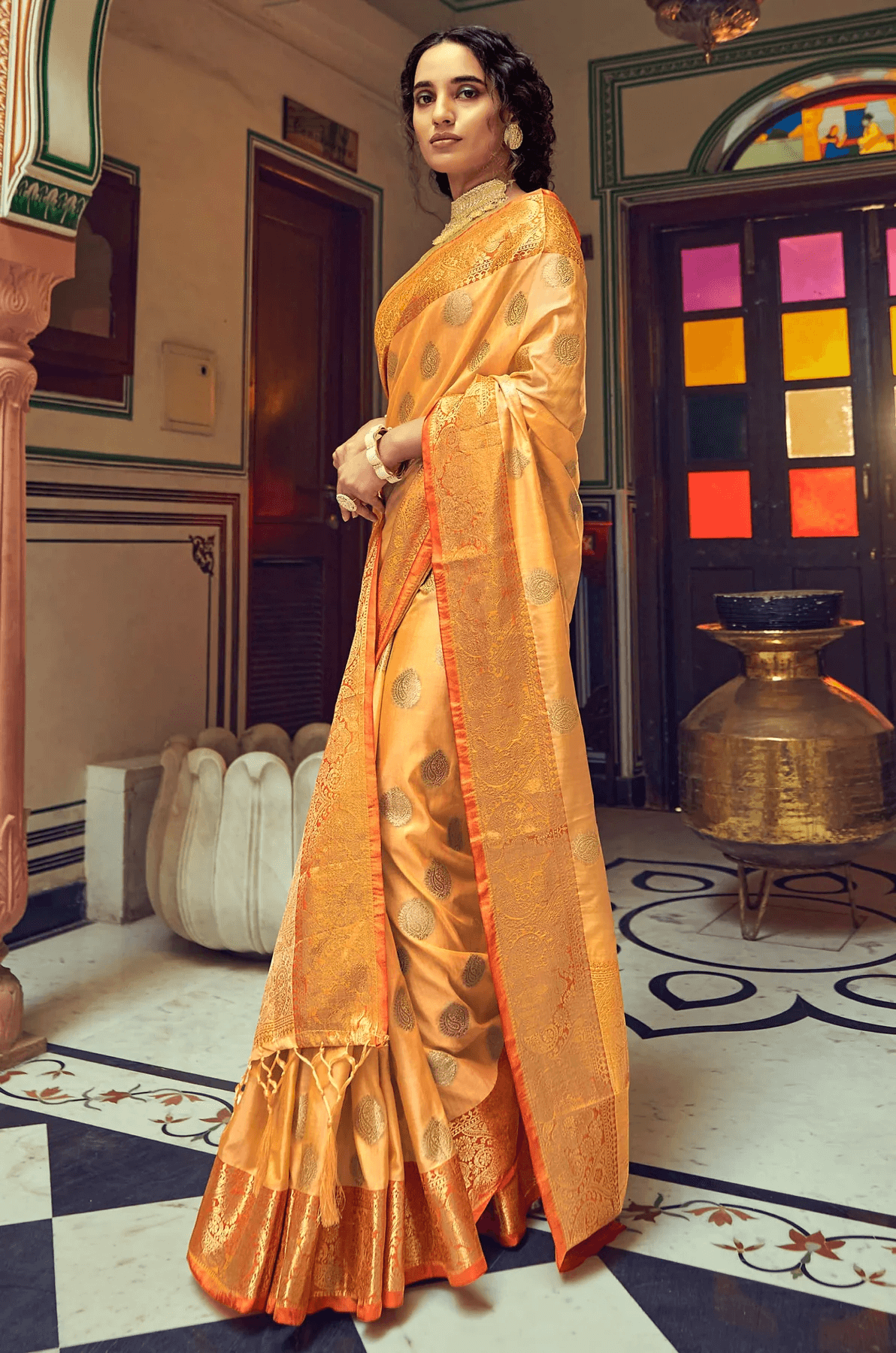 Innovative Orange Soft Banarasi Silk Saree With Phenomenal Blouse Piece