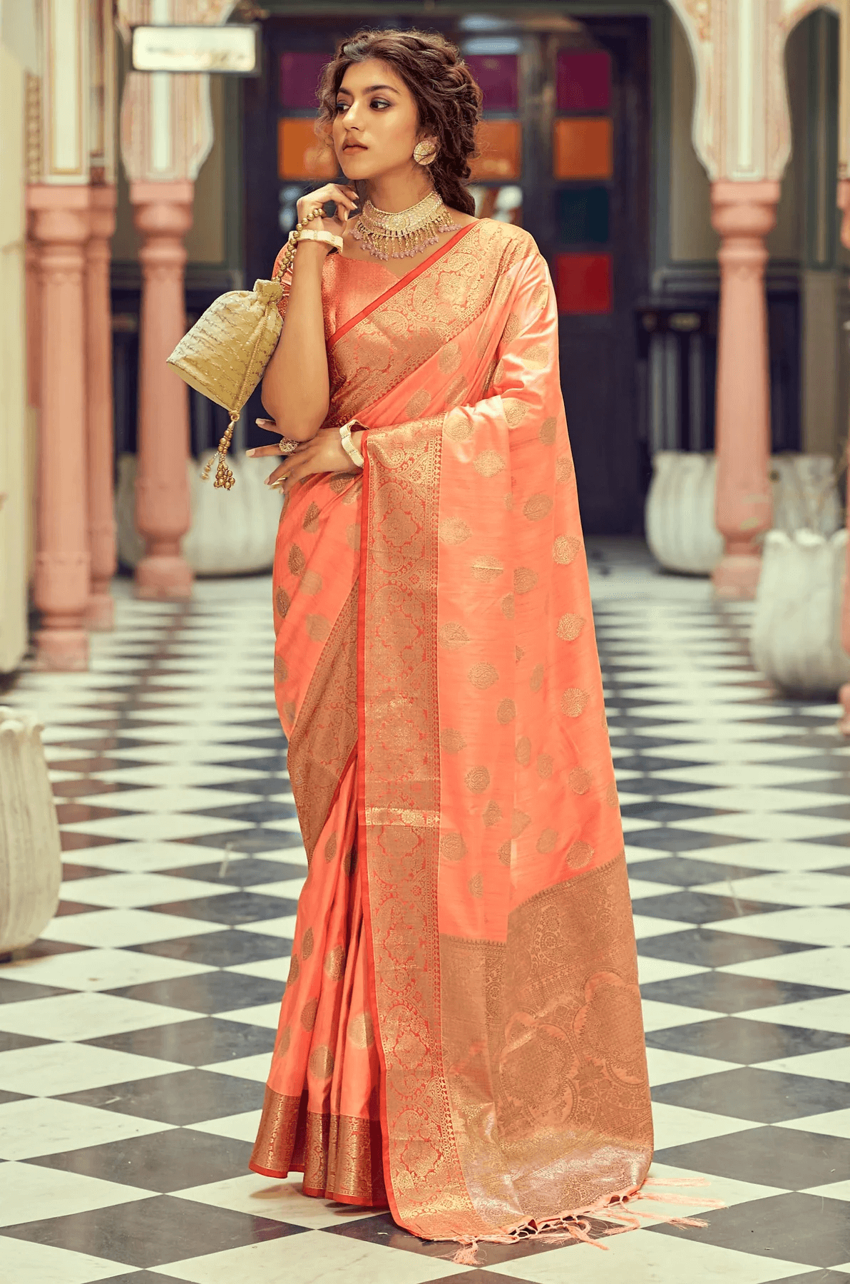 Marvellous Peach Soft Banarasi Silk Saree With Adorable Blouse Piece