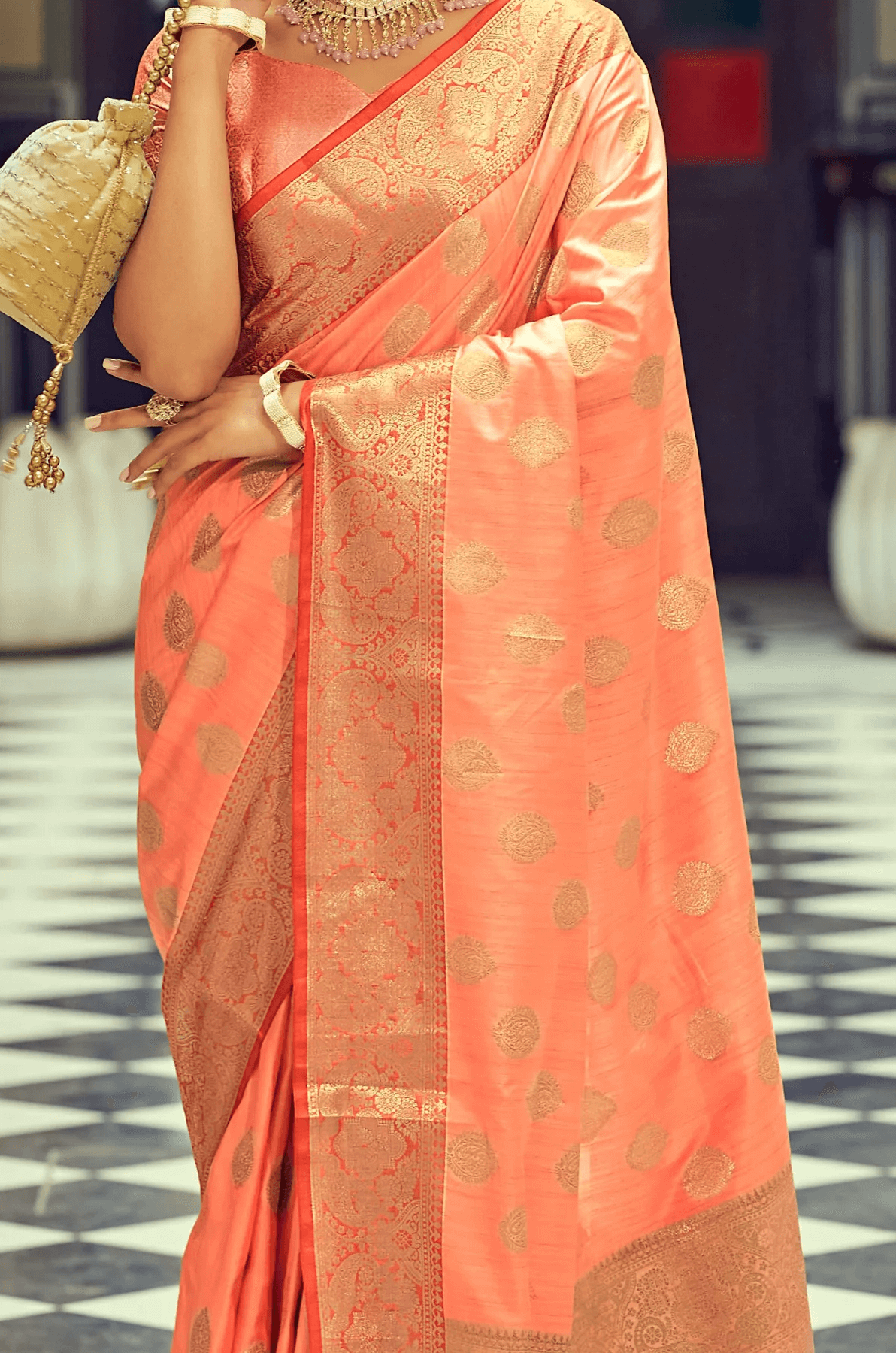 Marvellous Peach Soft Banarasi Silk Saree With Adorable Blouse Piece
