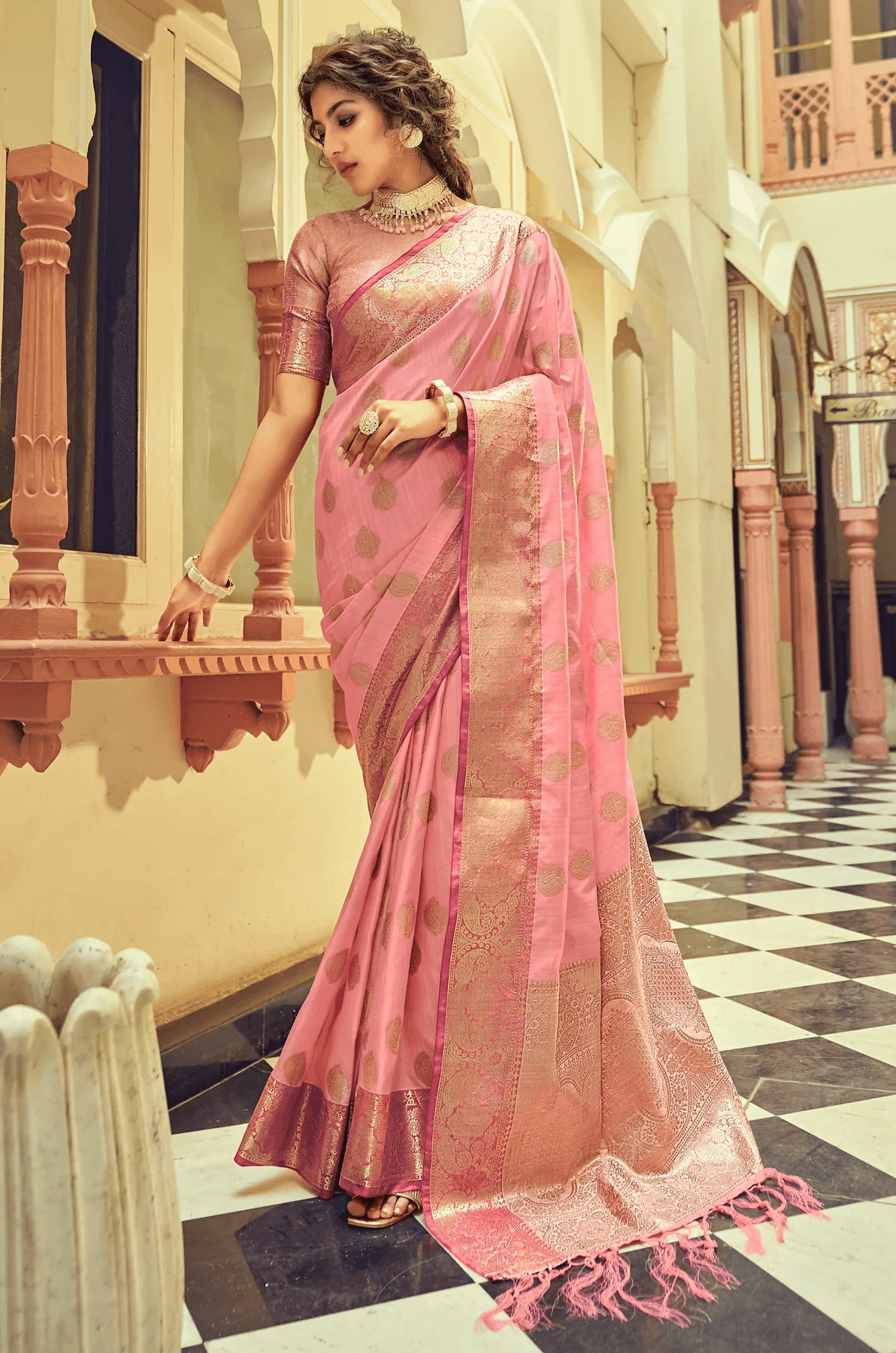 Stunning Pink Soft Banarasi Silk Saree With Hypnotic Blouse Piece