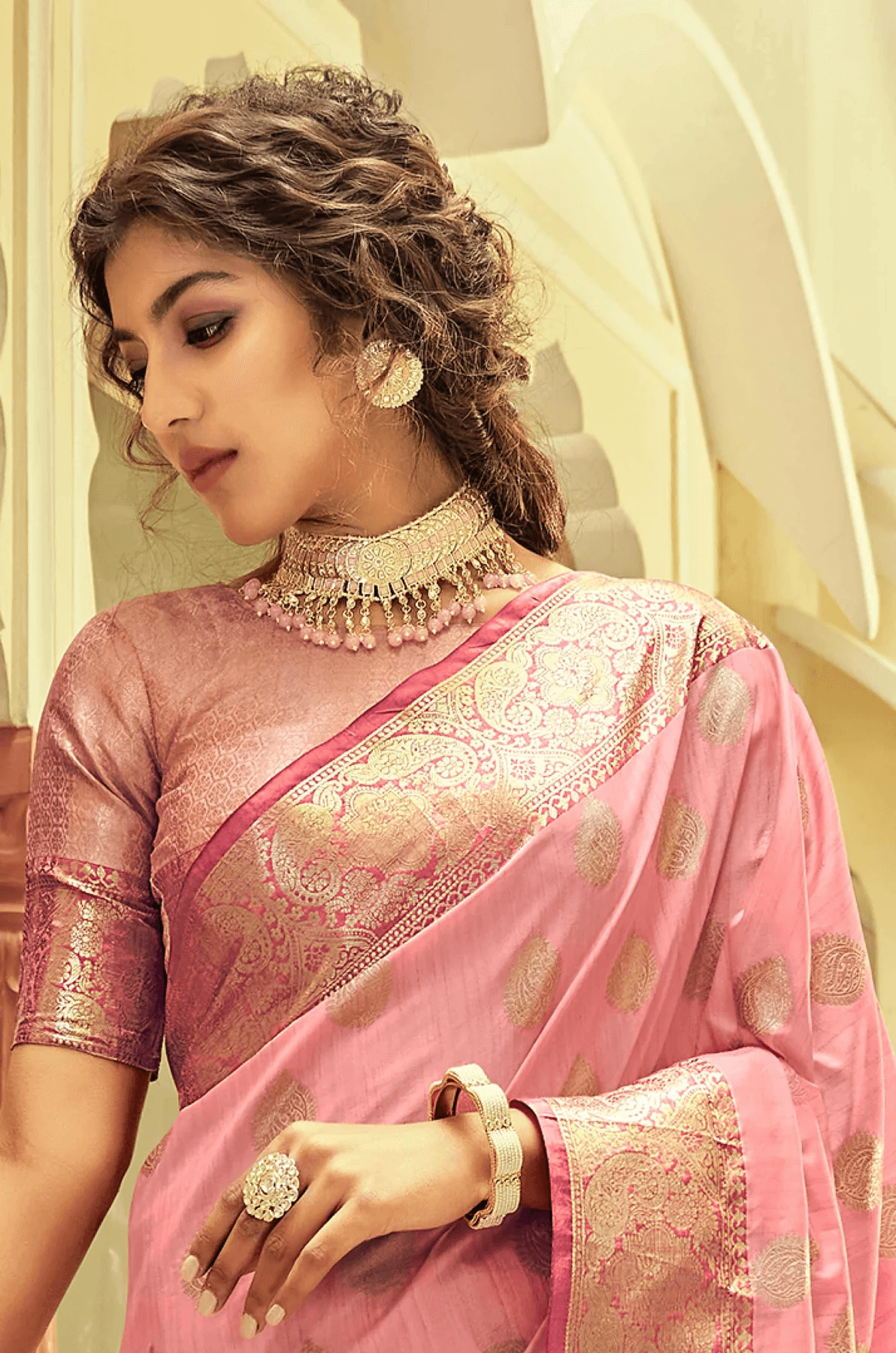 Stunning Pink Soft Banarasi Silk Saree With Hypnotic Blouse Piece