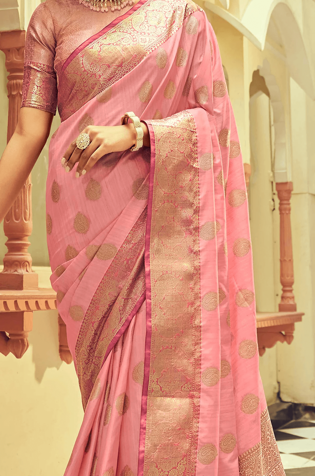 Stunning Pink Soft Banarasi Silk Saree With Hypnotic Blouse Piece